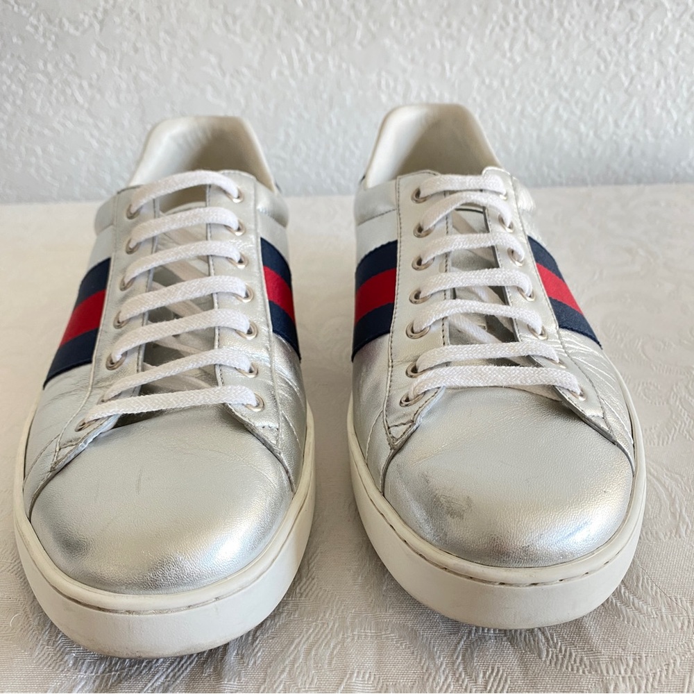 Gucci silver leather Web Sneakers - Picture 6 of 14